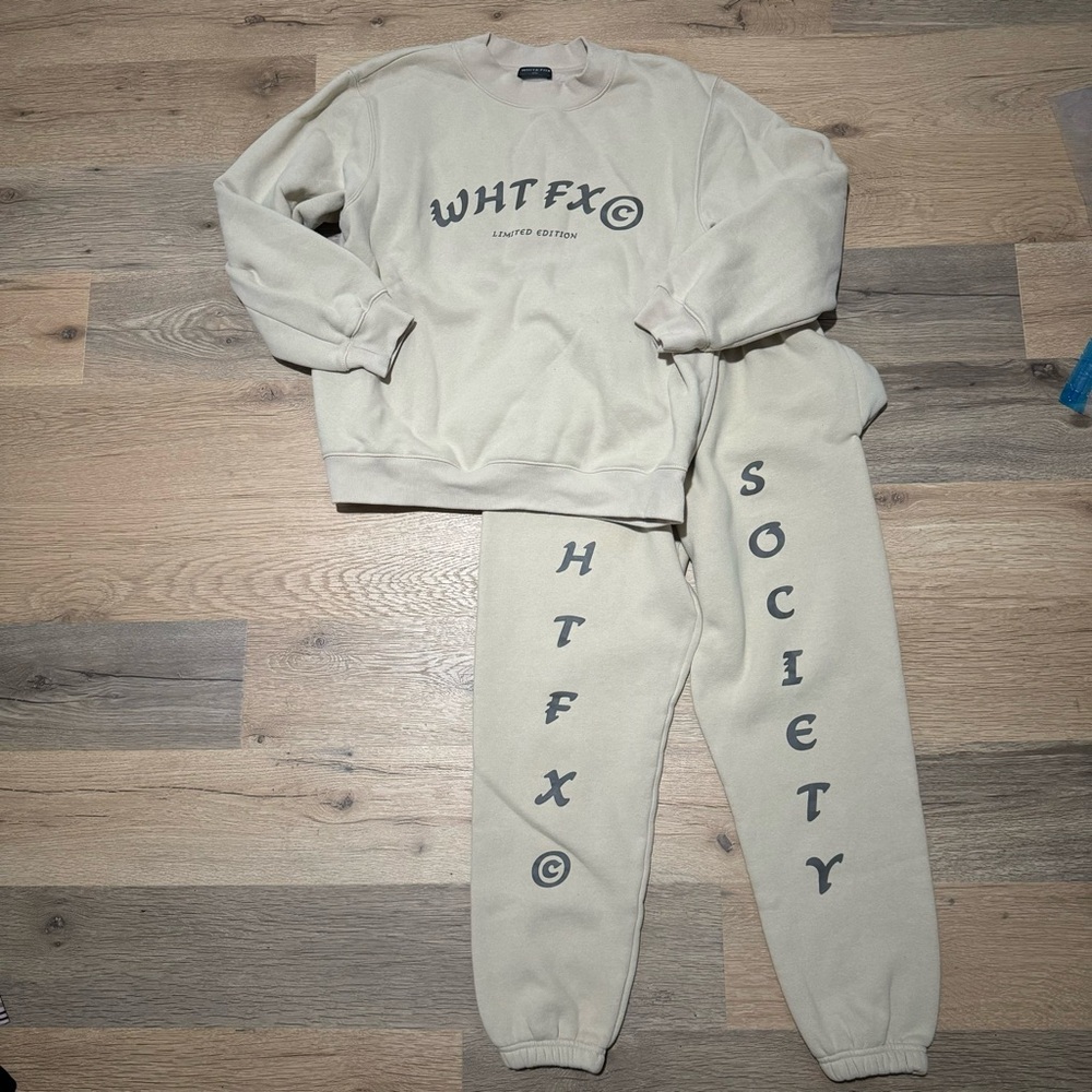 White Fox Boutique Cream Logo Sweatshirt & Sweatpants Set